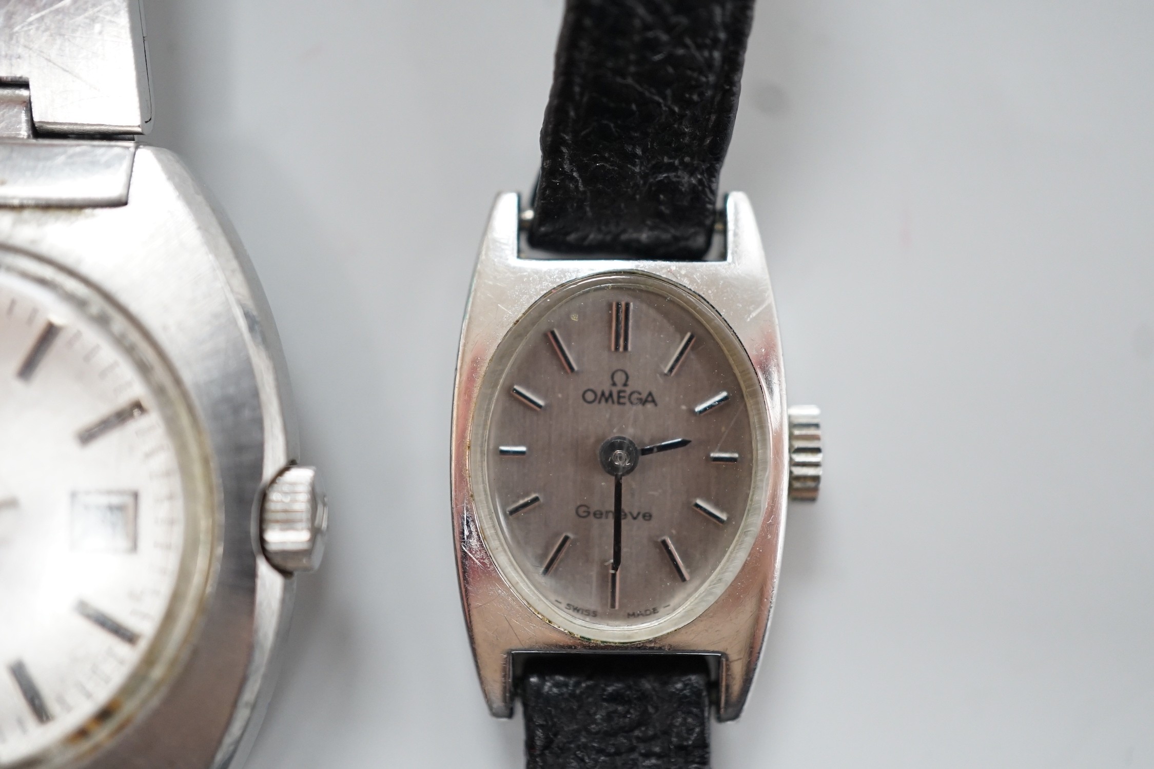 A lady's stainless steel Omega manual wind wrist watch, case diameter 16mm, with Omega box and a similar Tissot wrist watch.